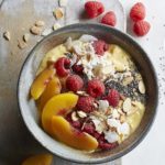 Raspberry-mango-peach smoothie bowl