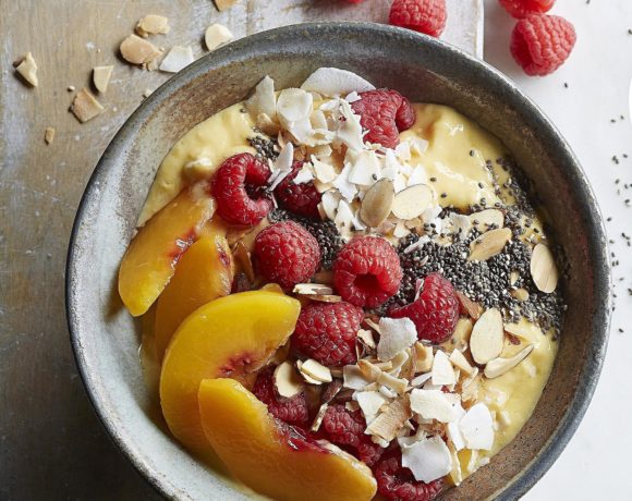 Raspberry-mango-peach smoothie bowl