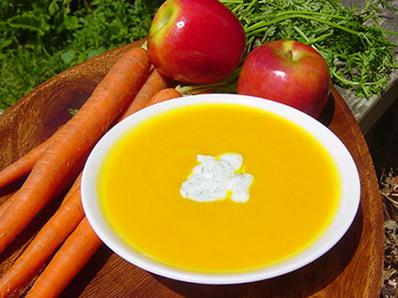 Carrot Apple Soup with Yogurt Dill Sauce