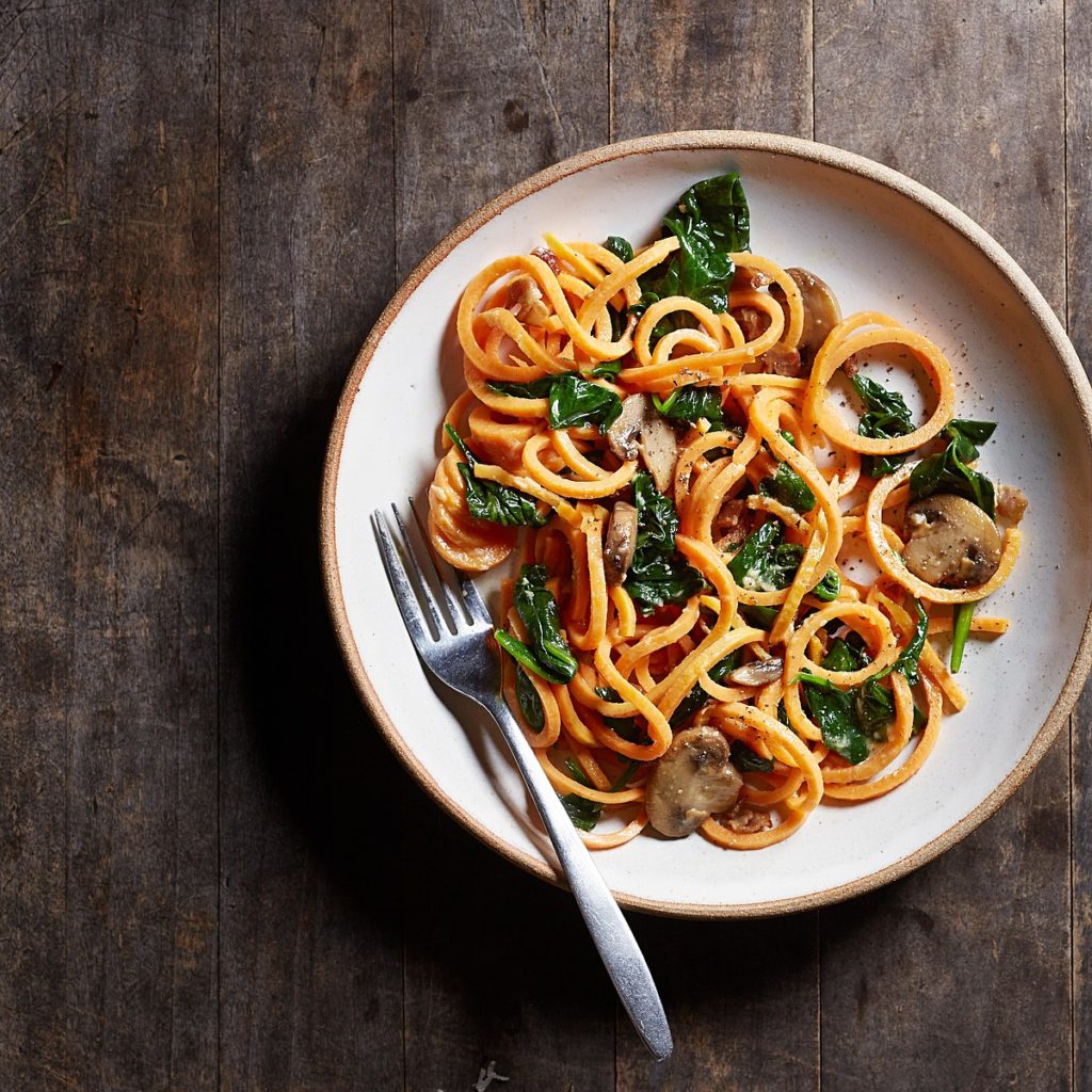 Sweet Potato Carbonara with Spinach & Mushroom