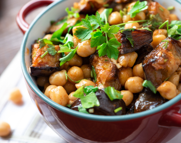 Eggplant feta bulgur chickpea salad with pine nuts