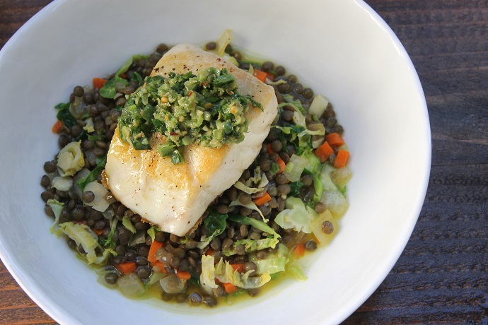 Pan Roasted Sea Bass with Warm Lentils Brussels Sprouts