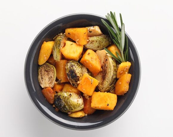 Balsamic Roasted Pumpkin and Brussels Sprouts with Garlic and Thyme