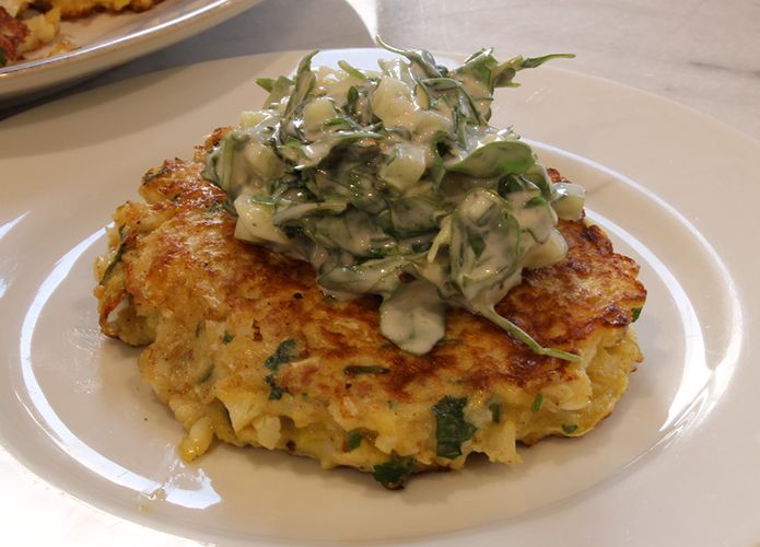 Cauliflower Pancake with Green Yogurt Salad