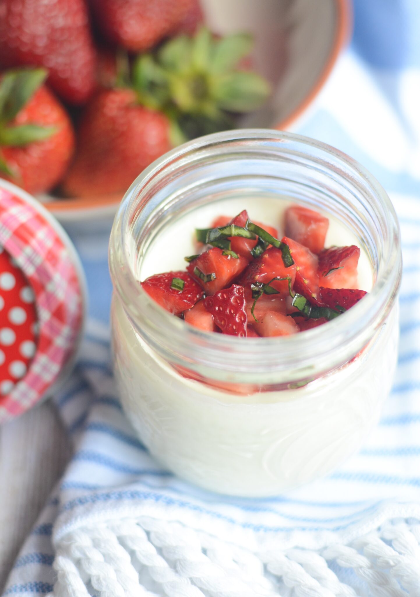 Strawberry basil yogurt panna cotta we eat. live. do. well