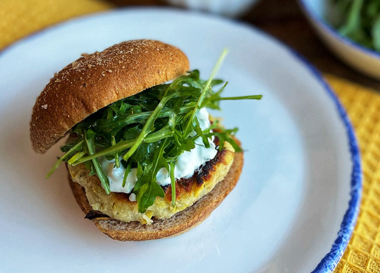 Cod, White Bean and Artichoke Blended Burger with a Greek Yogurt Tartar