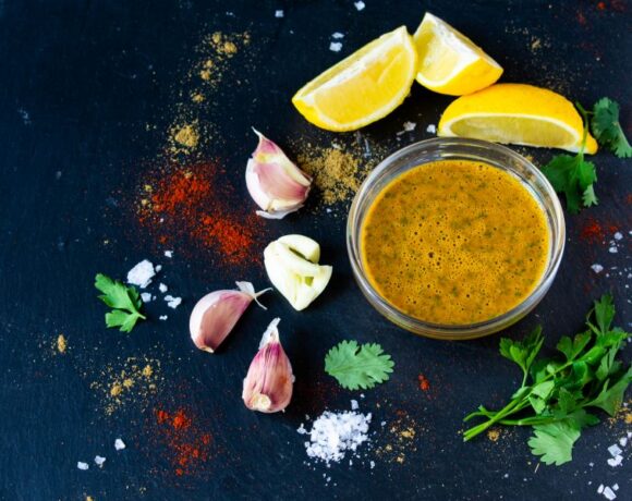 Artful display of the ingredients needed to make chermoula, a North African herb-based condiment